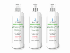 Three bottles of Raphe African Liquid Black Soap family pack natural liquid soap with kojic acid and salicylic acid for depigmenting and exfoliating skin.