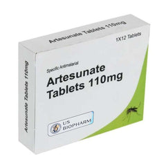 Box of Artesunate Tablets 110mg by US Biopharm, potent original anti malaria medicine for tropical zones