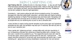 High Potency Skin Clarifying Serum natural skin softening oil in 3-8 oz bottle, light creamy yellow gel with eucalyptus aroma, non-greasy fast-absorbing formula for day and night use, helps clear age spots, sunburns, scars, and acne blackheads