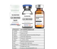 Three pharmaceutical bottles labeled CJC-1295 w/DAC and bacteriostatic water for injectable peptide therapy with vitamin B12 API and dosage details