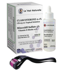 Hair loss product Clascoterone 0.1% CB-03-01 topical solution with Minoxidil Sulfate 5% and Vitamin D-Biotin 10% for hair restoration with dermal roller tool