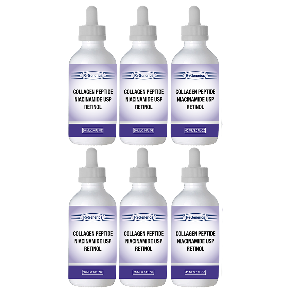 Set of six 60ml collagen peptide niacinamide retinol serums for face massager and wrinkle eraser treatment.