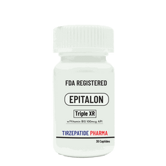 Epitalon High Potency supplement bottle with Vitamin B12 by Tirzepatide Pharma, FDA registered Triple XR formula