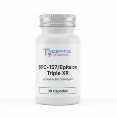 Bottle of Tirzepatide Pharma BPC-157 and Epitalon peptides with Vitamin B12, 30 capsules, triple XR formula