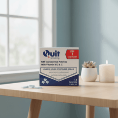 White label smoking cessation aid 14mg Nico transdermal patches box with 14 patches on wooden table near window