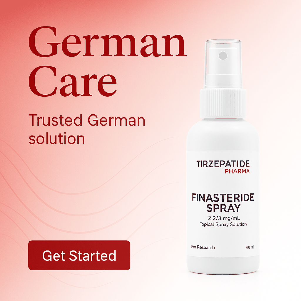 German Hair Loss Treatment Finasteride 2.27% spray bottle for research with trusted German care solution background