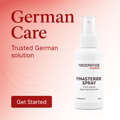 German Hair Loss Treatment Finasteride 2.27% spray bottle for research with trusted German care solution background