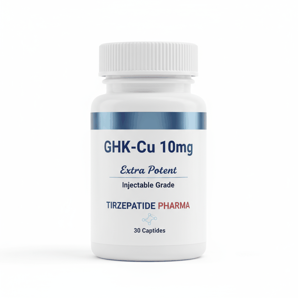 GHK-Cu 10mg injectable grade peptides bottle by Tirzepatide Pharma, 30 captides for skin firming and collagen production