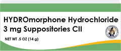Hydromorphone Hydrochloride 3 mg Suppositories packaging with pharmaceutical branding and dosage details