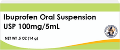 Ibuprofen oral suspension 100mg 5mL medicine bottle label with pharmaceutical logo