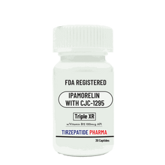 Bottle of FDA registered Ipamorelin with CJC-1295 Triple XR peptides and Vitamin B12 by Tirzepatide Pharma