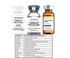 Bottles of CJC-1295 High Purity Peptides including Ipamorelin with Vitamin B12 and bacteriostatic water from Tirzepatide Pharma