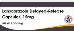 Lansoprazole delayed-release capsules 15mg packaging with pharmaceutical branding