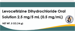 Levocetirizine Dihydrochloride oral solution 2.5 mg/5 mL medicine bottle label with pharmaceutical company logo