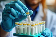 Scientist holding vial of MOTS-C cognitive and longevity research peptide powder in lab gloves with multiple vials on tray