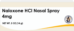 Naloxone HCl nasal spray 4mg medicine packaging with pharmaceutical branding
