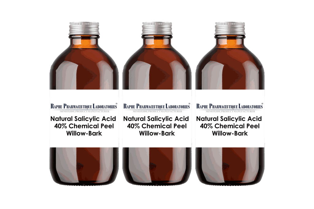 Three brown bottles of natural salicylic acid 40% chemical peel with willow-bark for acne and pigment treatment