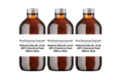Three brown bottles of natural salicylic acid 40% chemical peel with willow-bark for acne and pigment treatment