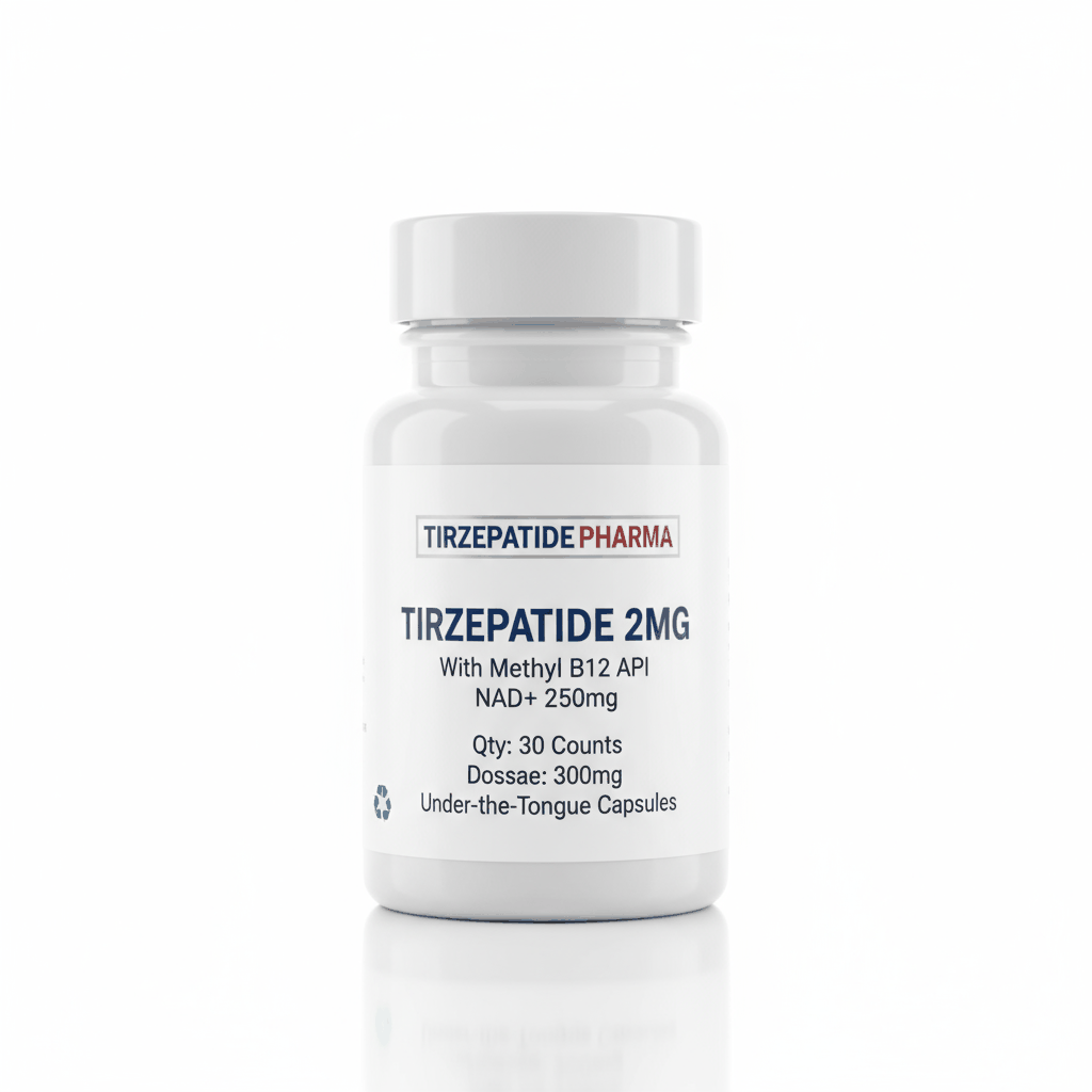 Tirzepatide Captides 2mg capsules with Methyl B12 and NAD+ oral supplement bottle