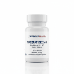 Tirzepatide Captides 2mg capsules with Methyl B12 and NAD+ oral supplement bottle