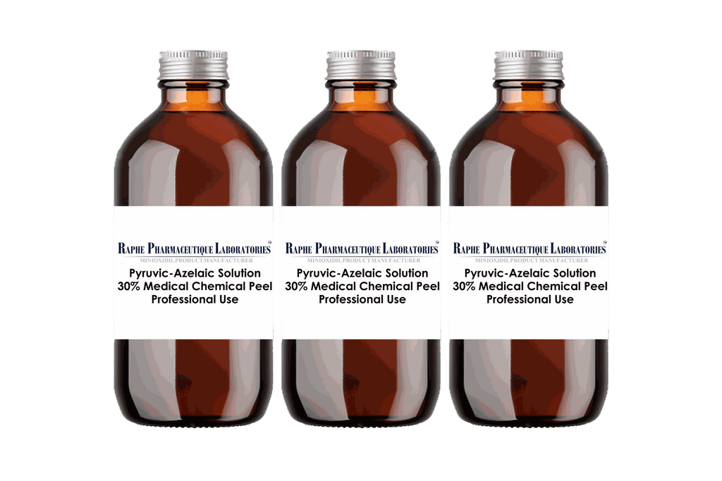 Brown glass bottles of Pyruvic-Azelaic Acid 30% medical chemical peel for professional skin treatment