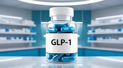 Clear bottle of blue GLP-1 capsules on pharmacy shelf background Tirzepatide Captides with Methyl B12 supplements