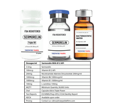 Sermorelin peptide vials with Vitamin B12 and bacteriostatic water for injection by Tirzepatide Pharma