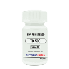 Thymosine TB-500 FDA registered peptide supplement with Vitamin B12 by Tirzepatide Pharma in white bottle