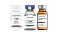 Three FDA registered Thymosine TB-500 peptide product containers with Vitamin B12 and bacteriostatic water from Tirzepatide Pharma