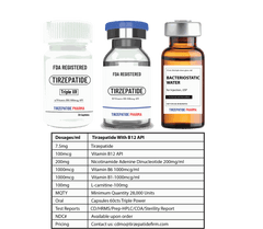 Tirzepatide with B12 FDA registered peptide capsules and injectable solution with bacteriostatic water, includes Vitamin B12 API, vial packaging.