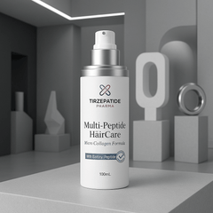 100ml white bottle of Tirzepatide Pharma Multi-Peptide Hair Care Micro Collagen Formula foam spray in a modern gray background