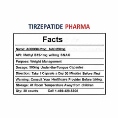 Tirzepatide Pharma AOD9604 2mg capsules with Methyl B12 1000mcg and NAD 250mg for weight management supplement facts label