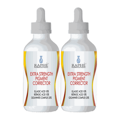 Two bottles of Raphe Extra Strength Pigment Corrector serum with ellagic acid, retinoic acid, and gigawhite complex