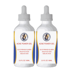 Two 60ml bottles of Acne Power Gel best seller signature serum with Glycyrrhiza Glabra, Salicylic Acid, and Azelaic Acid for acne and skin care