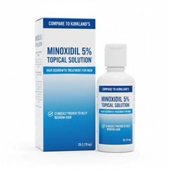 Private label Minoxidil Solution 5% topical hair regrowth treatment for men in white and blue packaging