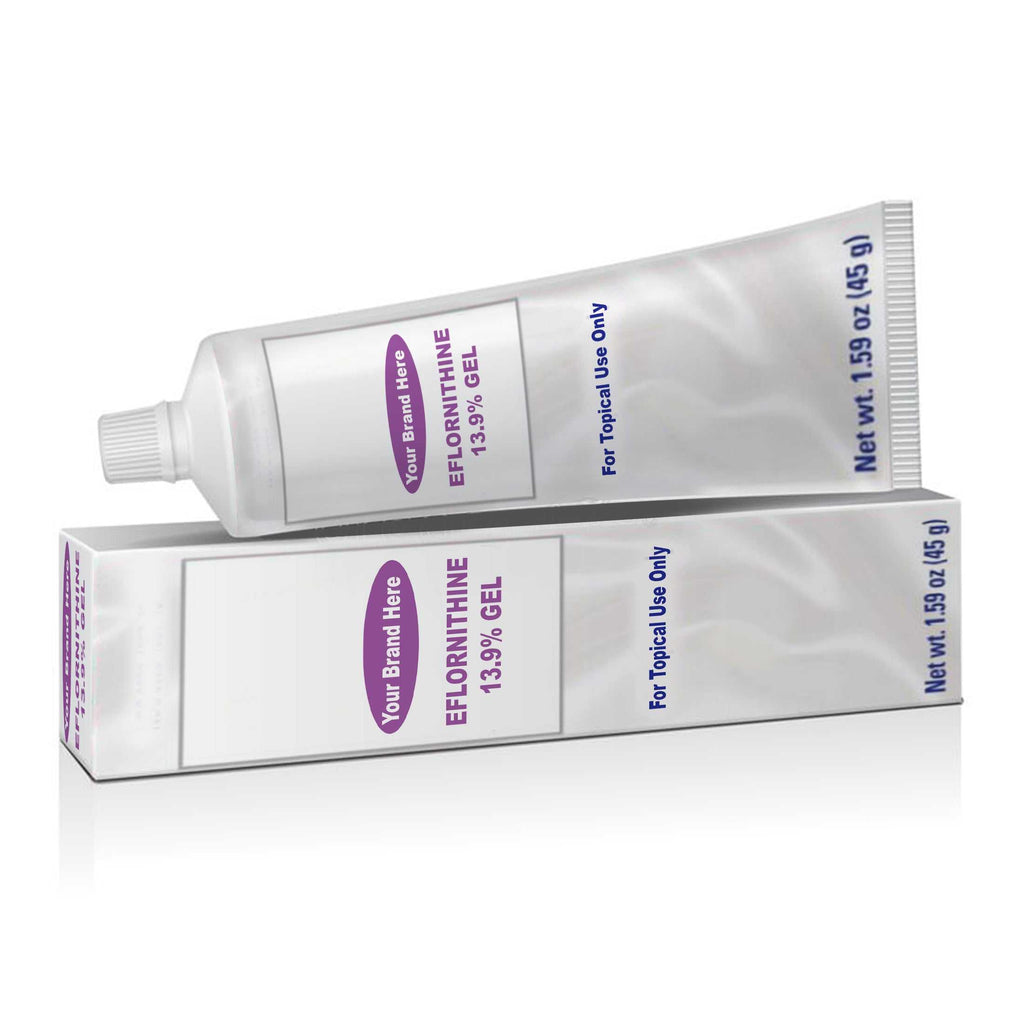 Eflornithine Hydrochloride 13.9% topical gel for hirsutism treatment in tube and box packaging