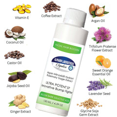 Mens beard facial hair growth and conditioning oil bottle surrounded by natural ingredients including vitamin E, coffee extract, argan oil, coconut oil, castor oil, jojoba seed oil, ginger extract, trifolium pratense flower extract, sweet orange essential oil, lavender seed, and glycine soja extract