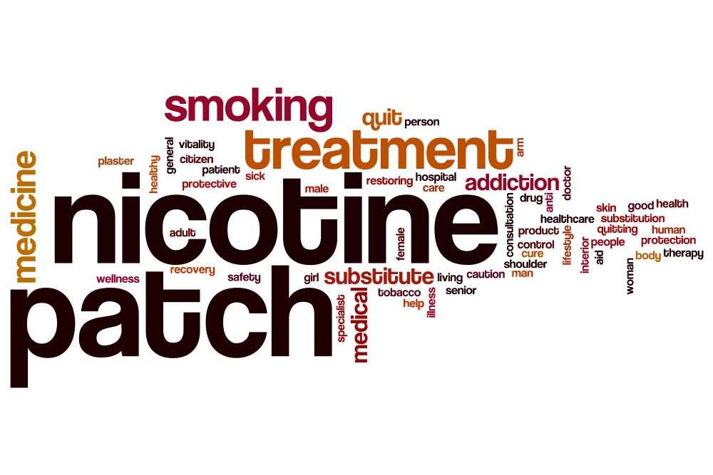 NRT 21mg smoking cessation aid nicotine patch word cloud with treatment and addiction terms