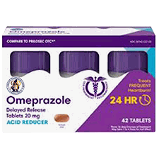 Generic Omeprazole 20mg-40mg tablets for heartburn and acid relief, 42 count packaging