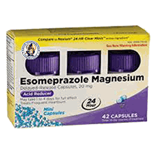 Esomeprazole Magnesium acid reducer capsules box with 42 count and 24-hour clear mini capsules for acid relief
