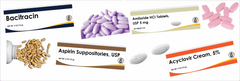 Various pharmaceutical products including Bacitracin ointment, Amiloride HCl tablets, Aspirin suppositories, Acyclovir cream, and assorted pills and capsules from AmWiner pharmaceutical manufacturer in Dallas Texas