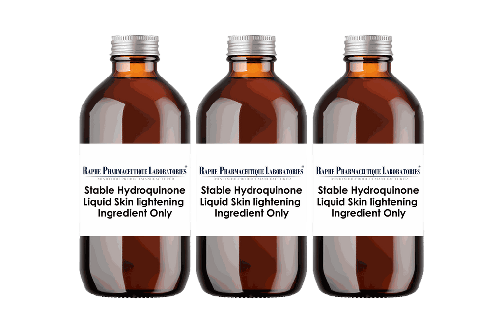 Three amber bottles of stable liquid hydroquinone skin lightening ingredient for skincare formulations