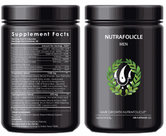 Hair Growth Formulation Nutrafolicle supplement for men with vitamins and herbal blend in black jars