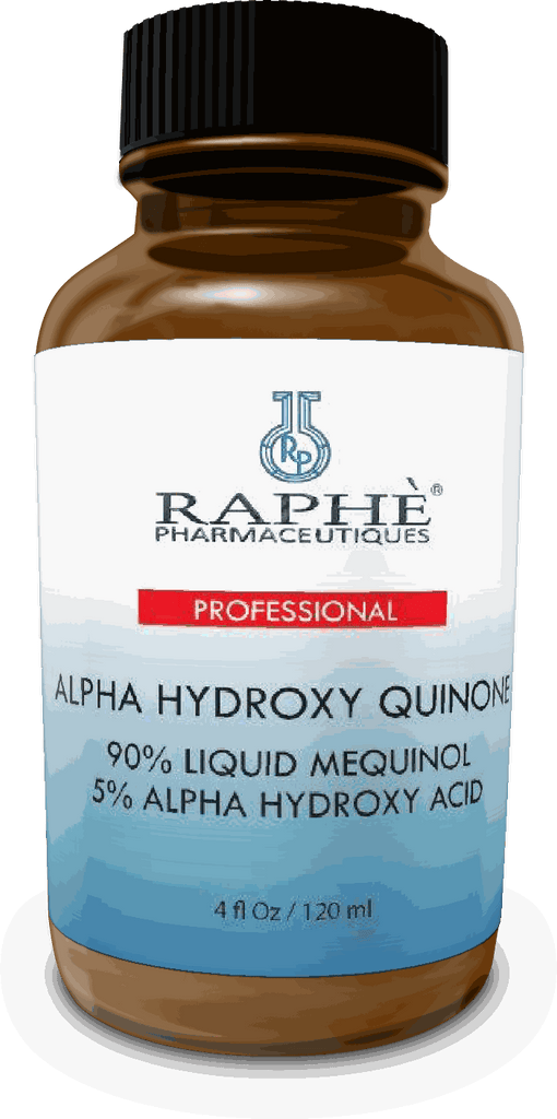 Amber glass bottle of Alpha Hydroxy Quinone liquid cosmetic ingredient for skin lightening, 4oz professional use