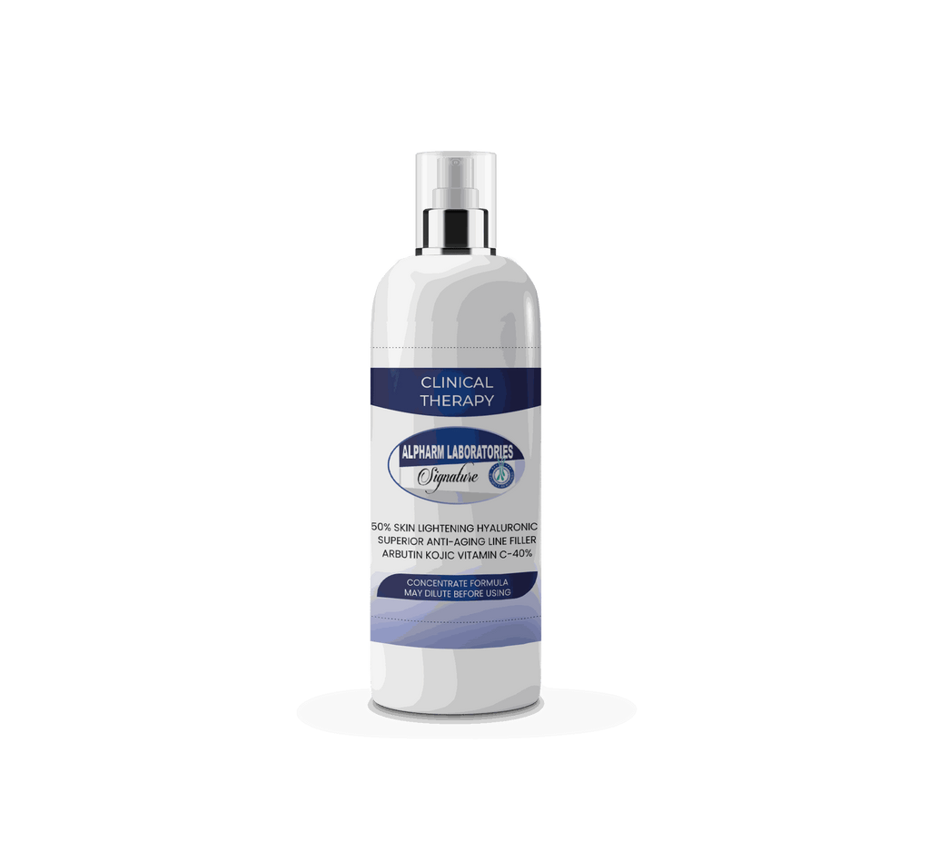 Hyaluronic Acid 50% skin lightening and plumping gel in a 16oz bottle with creamy yellowish consistency and anti-aging benefits