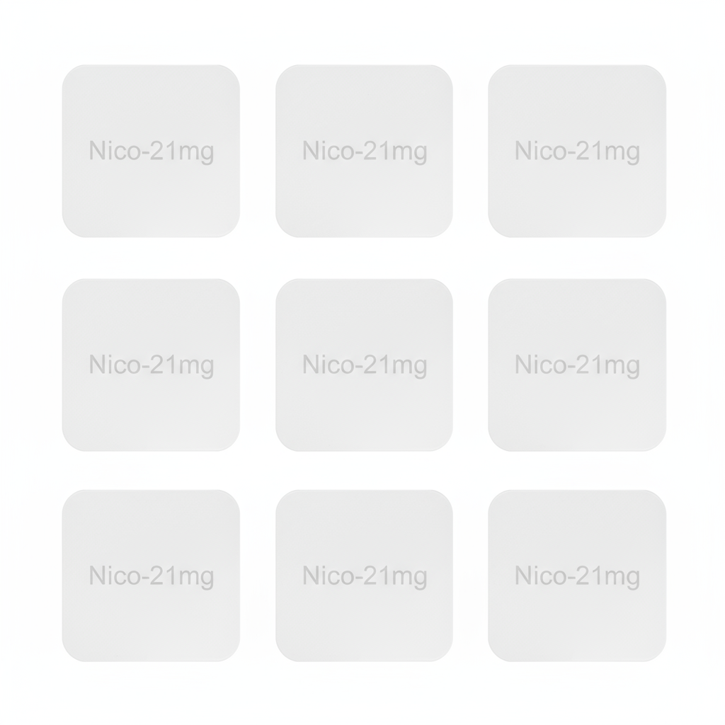 Clear 21mg nicotine transdermal patches for quit smoking aid, unlabeled and bulk packaging option.