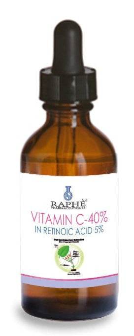 Brown glass dropper bottle of Liposomal Vitamin C 40% serum with retinoic acid and alpha arbutin