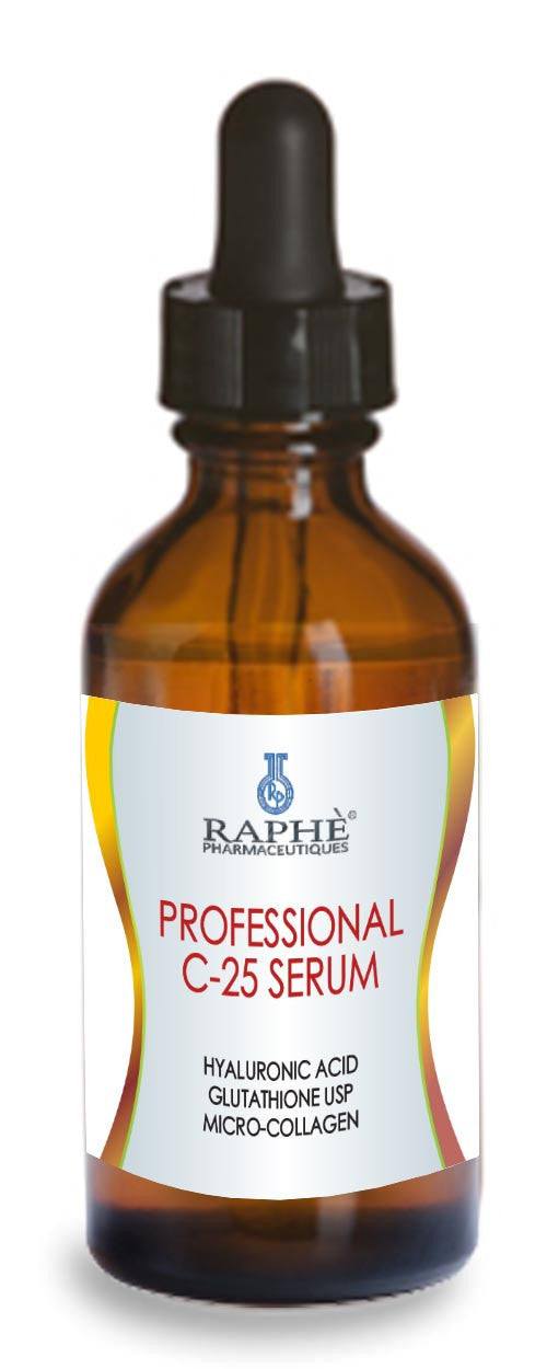 Amber glass bottle of Raphe Pharmaceutique Professional C-25 Vitamin C serum with hyaluronic acid and glutathione.