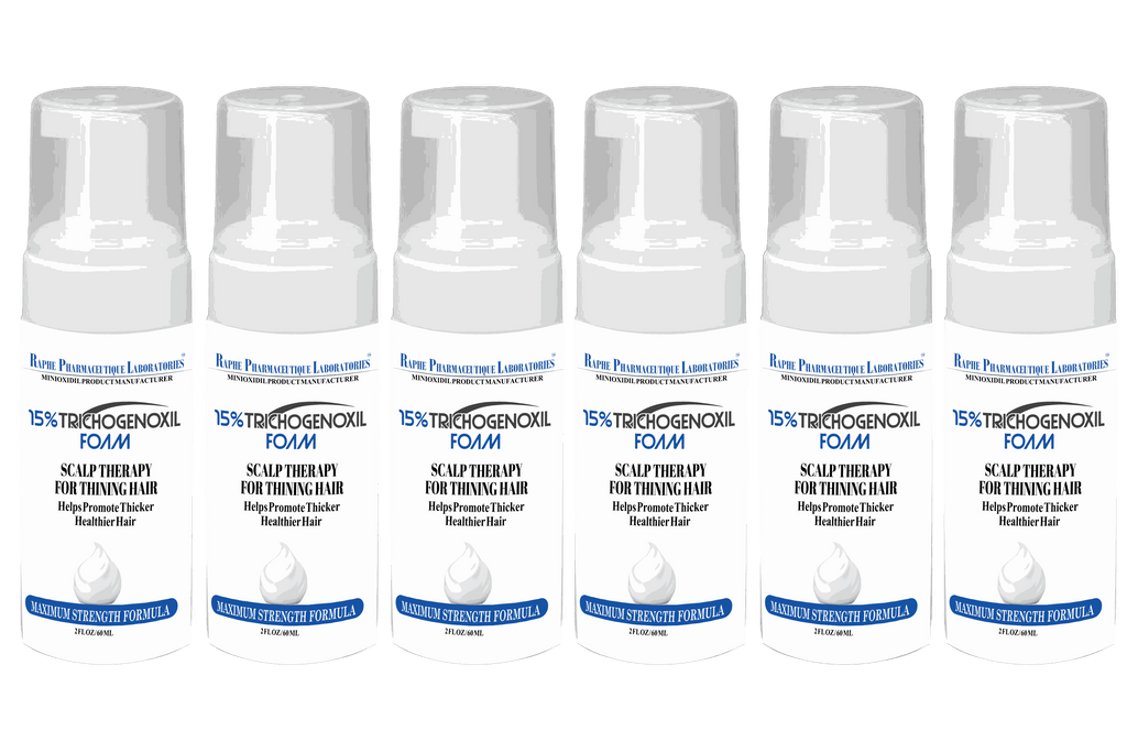 Set of six bottles of 15% Trichogenoxil Natural Hair Restoration Foam for scalp therapy and thinning hair prevention.
