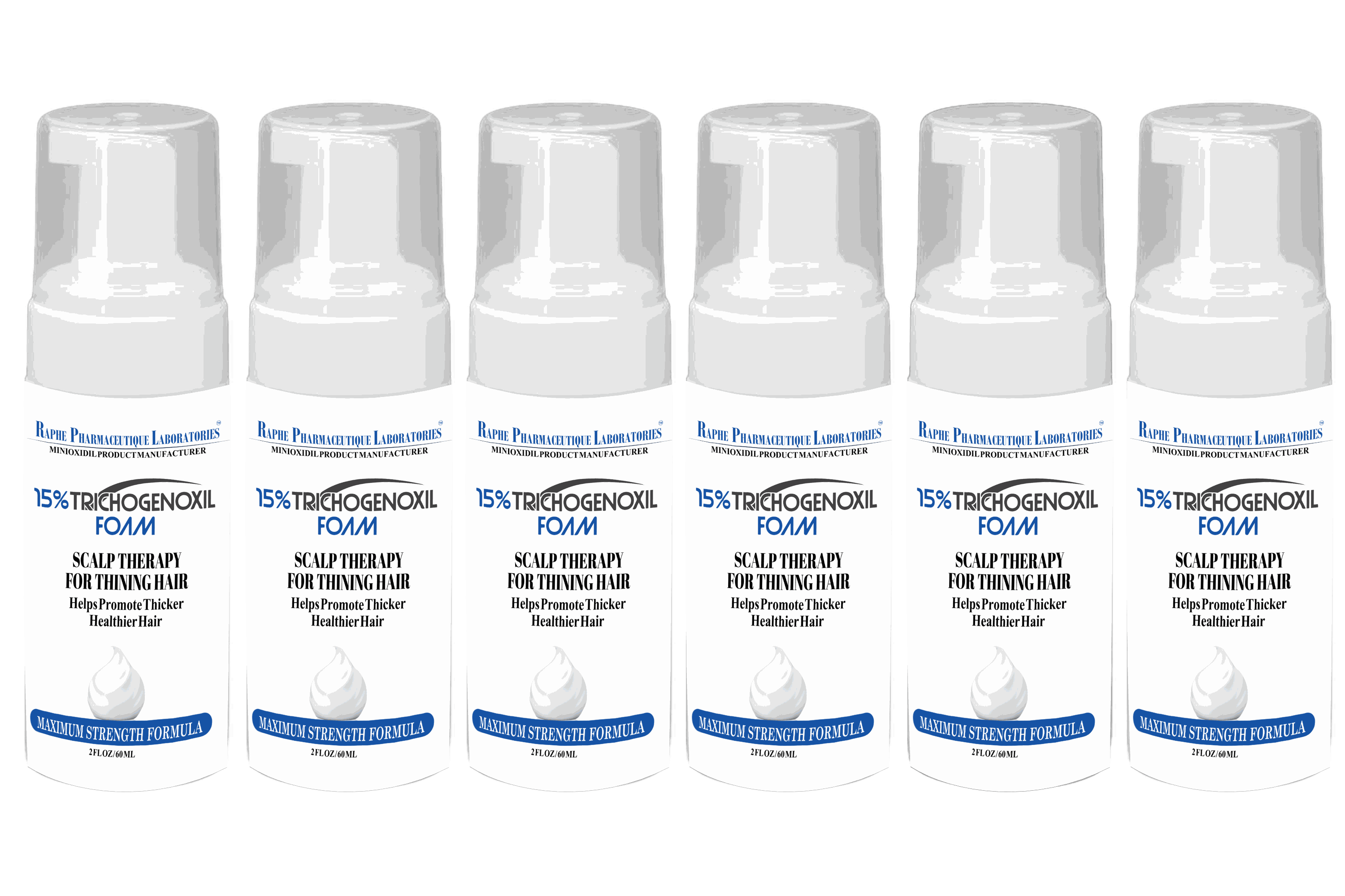 Set of six bottles of 15% Trichogenoxil Natural Hair Restoration Foam for scalp therapy and thinning hair prevention.